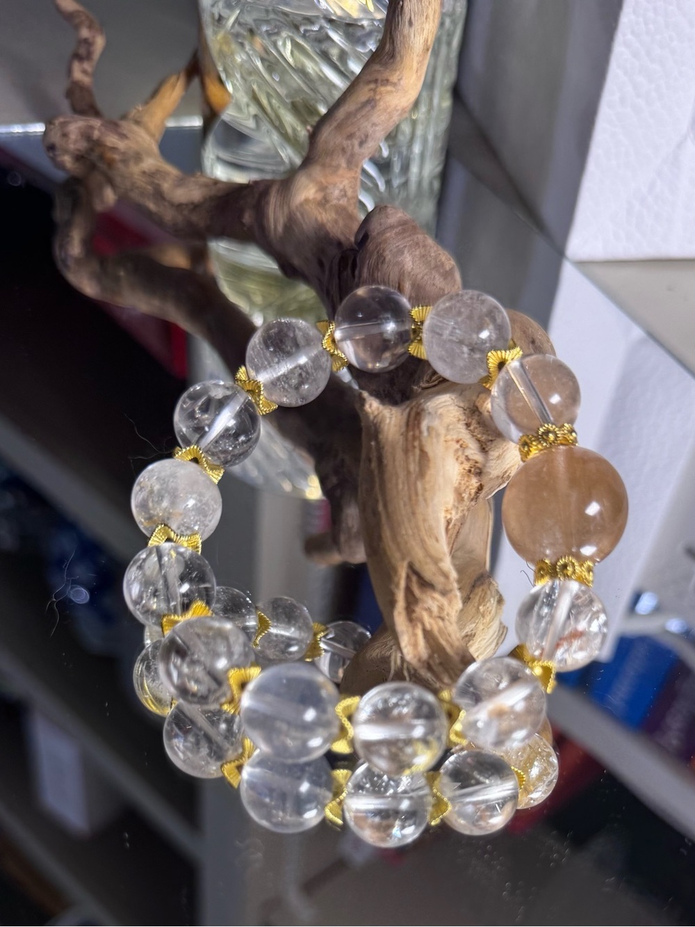 Natural Crystal Beaded Stretch Bracelet with Single ‘Fonda’ Rabbit Fur Crystal